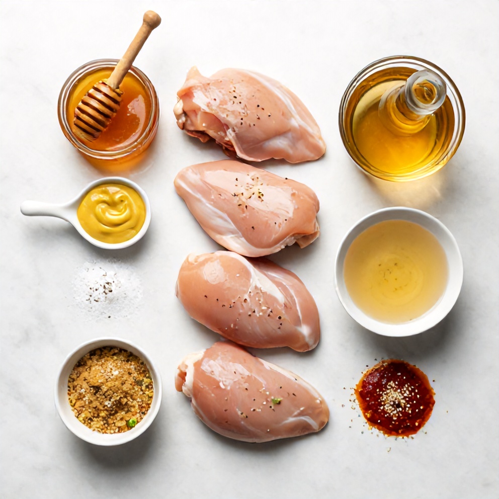 Raw ingredients for Slow Cooker Honey Mustard Chicken including chicken breasts, honey, mustard, and seasonings