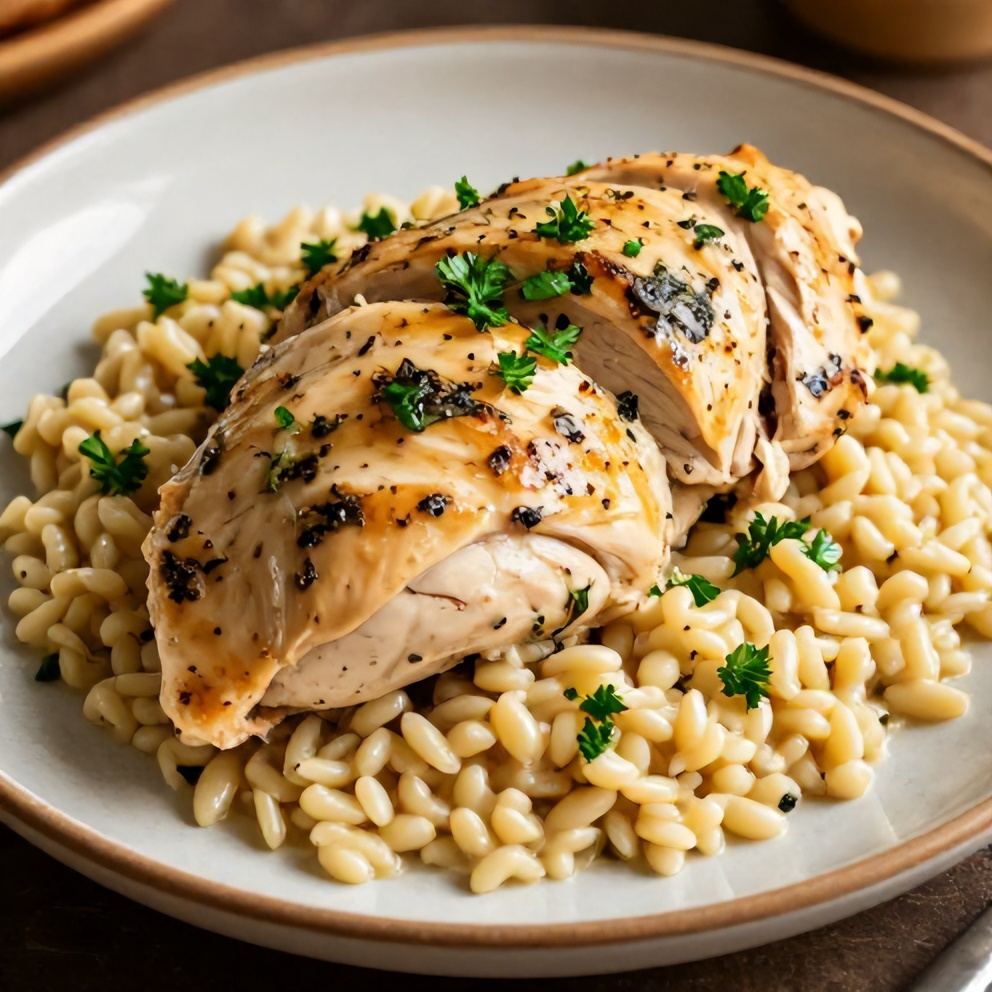 Parmesan herb chicken with creamy orzo plated with fresh parsley