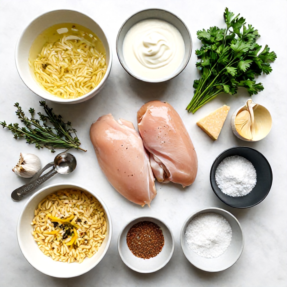 Raw ingredients for slow cooker parmesan herb chicken with creamy orzo on a marble surface