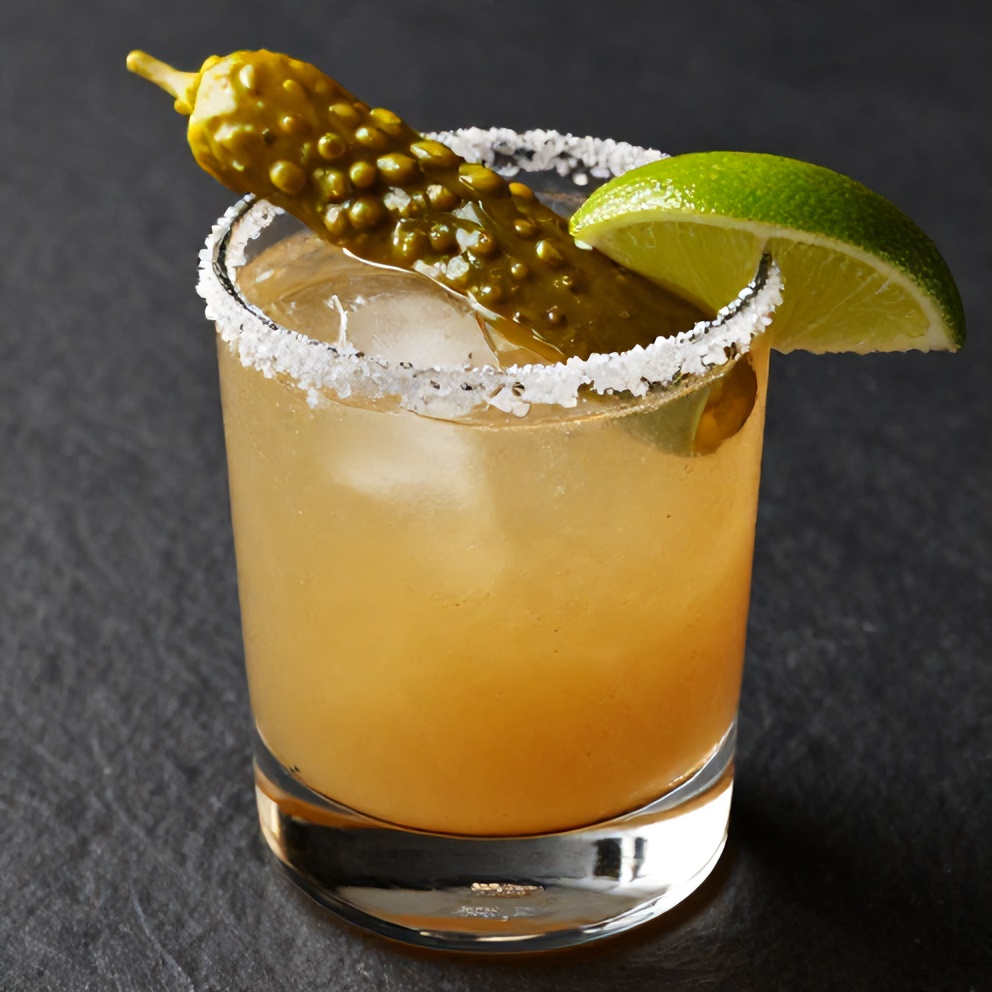 Spicy Pickle Margarita poured into a rocks glass with salt rim, pickle spear garnish, and lime wedge on the rim