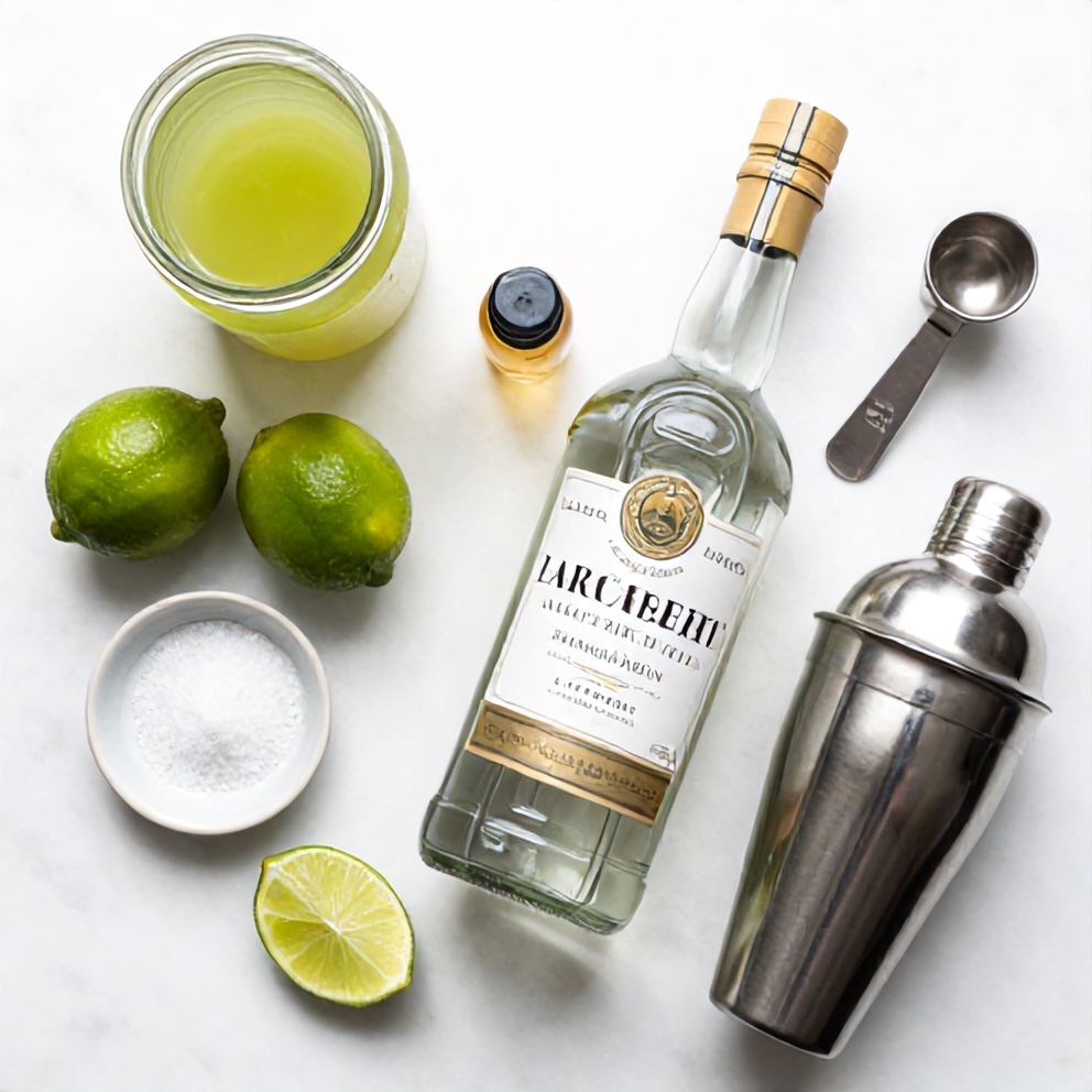 Fresh limes, dill pickle juice, silver tequila, triple sec, agave nectar, and kosher salt arranged on white marble