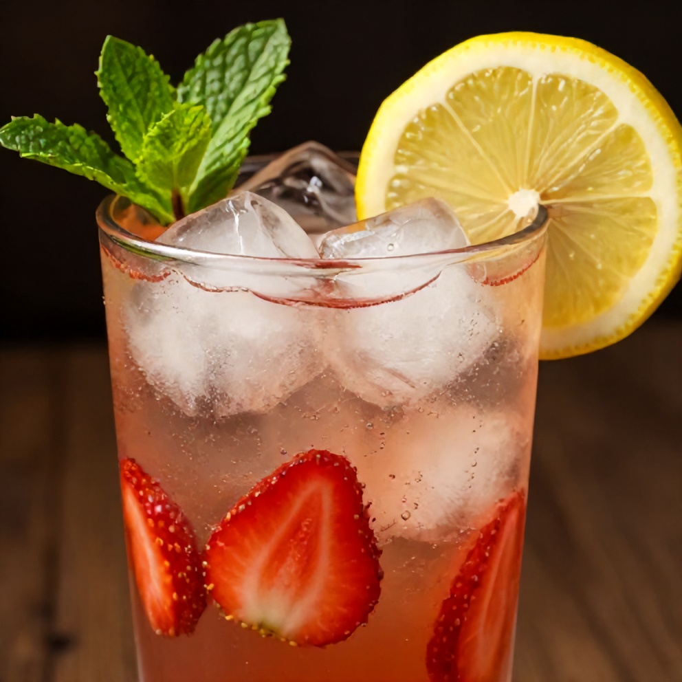 Glass of strawberry mint lemonade with ice cubes