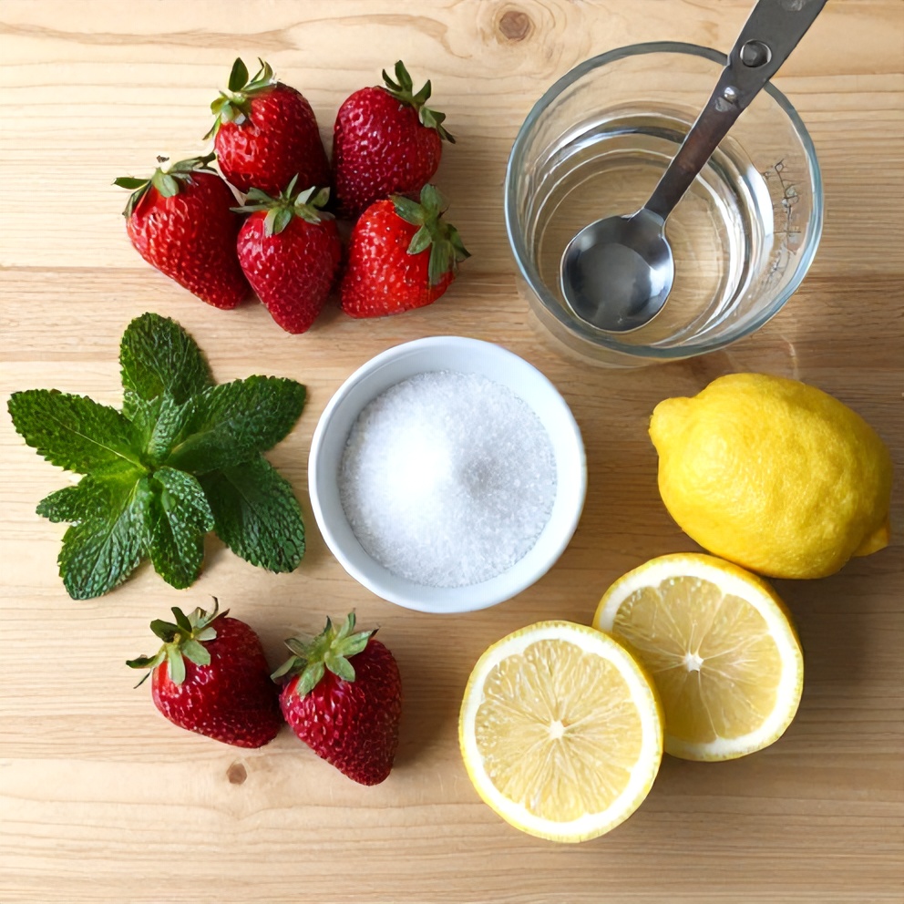 Strawberries, mint leaves, lemons, sugar, and water on a wooden surface
