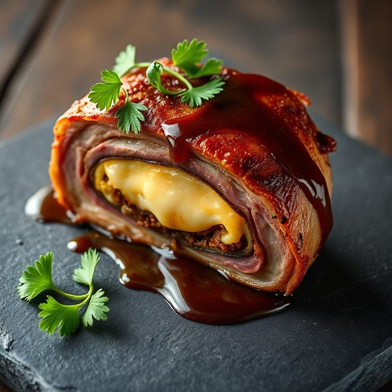 Plated stuffed smoked beef chop on a dark slate board, garnished with fresh parsley and a drizzle of reduced Worcestershire glaze, steam rising from the warm, juicy cut surface.