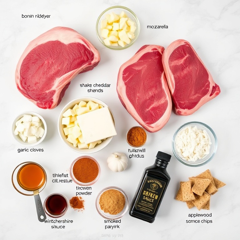 Raw ingredients for stuffed smoked beef chops: thick-cut beef ribeye chops, sharp cheddar cheese cubes, mozzarella shreds, cream cheese block, thick-cut bacon strips, garlic cloves, onion powder, smoked paprika, brown sugar, Worcestershire sauce, and applewood chips.