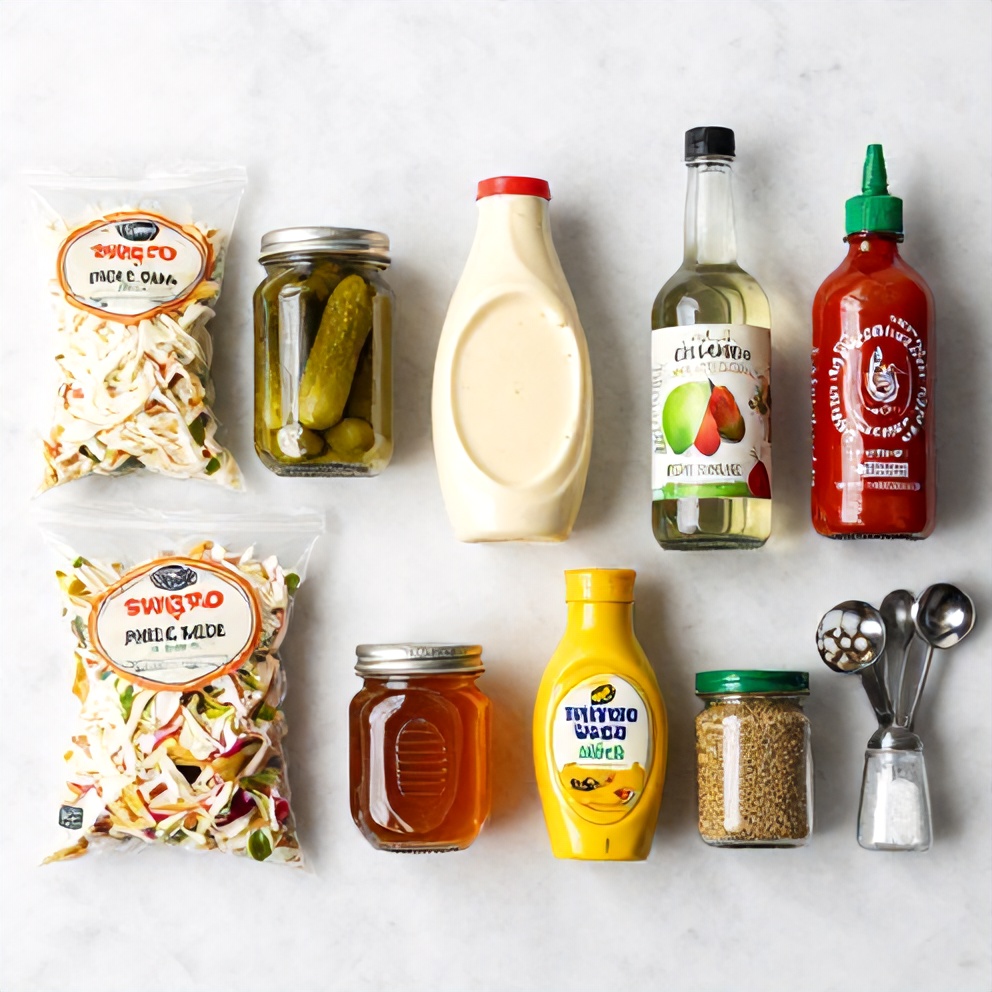 Raw ingredients for Sweet and Spicy Pickle Slaw arranged on a white marble surface