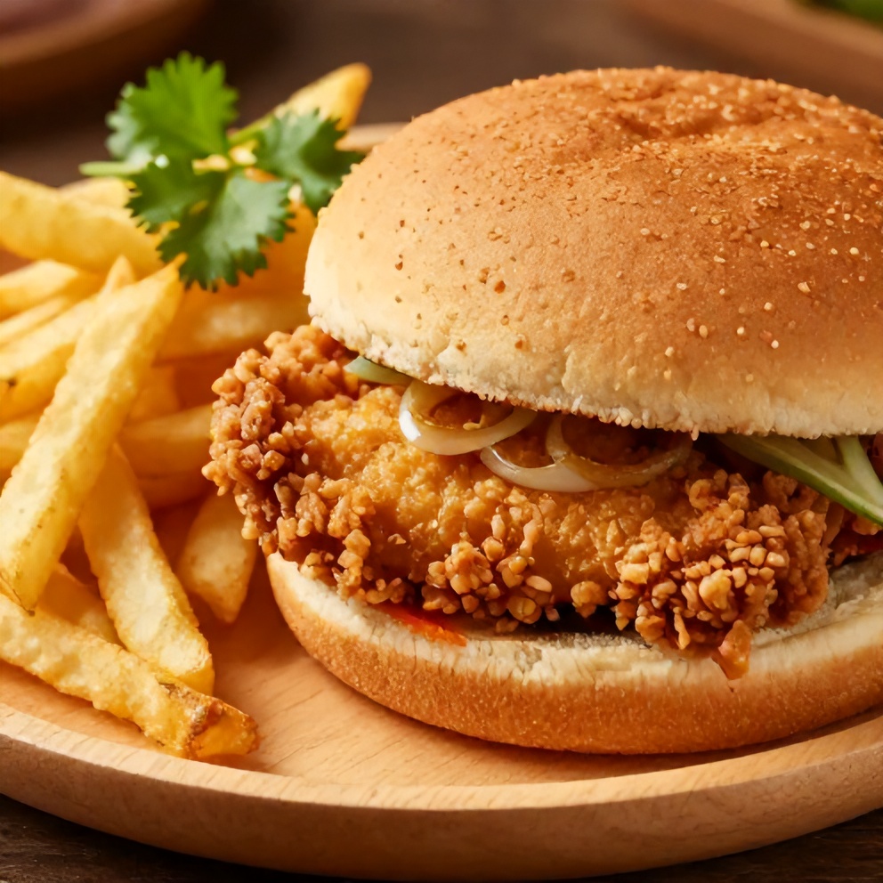 Thai Fried Chicken Sandwich on a plate with a side of fries