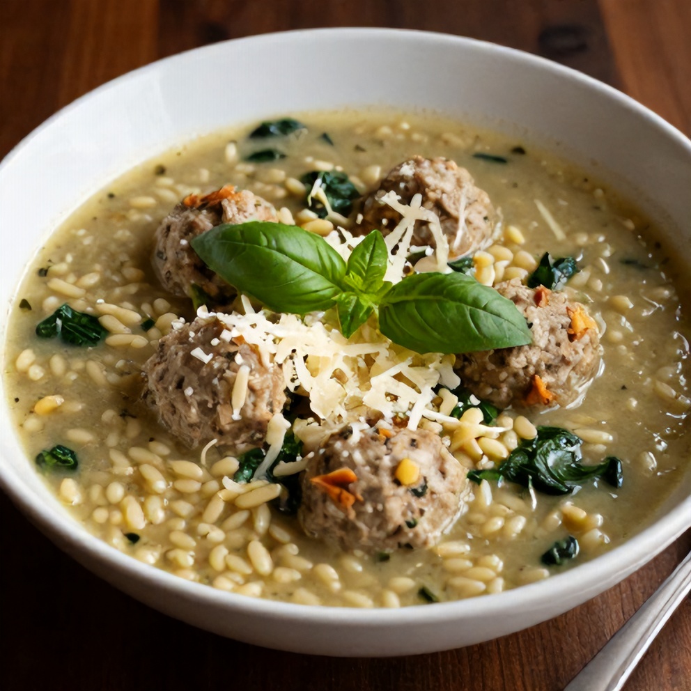 Plated Turkey Meatball Soup with Orzo and Spinach