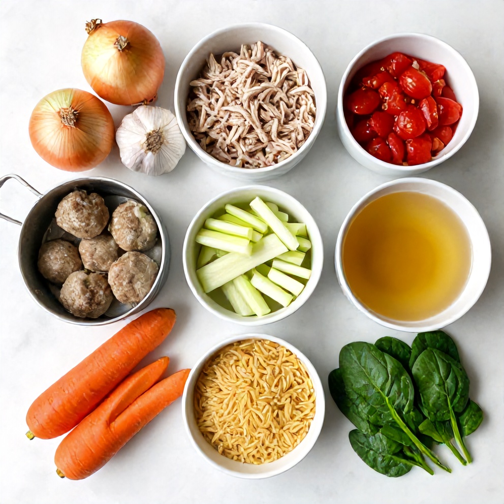 Raw ingredients for Turkey Meatball Soup with Orzo and Spinach