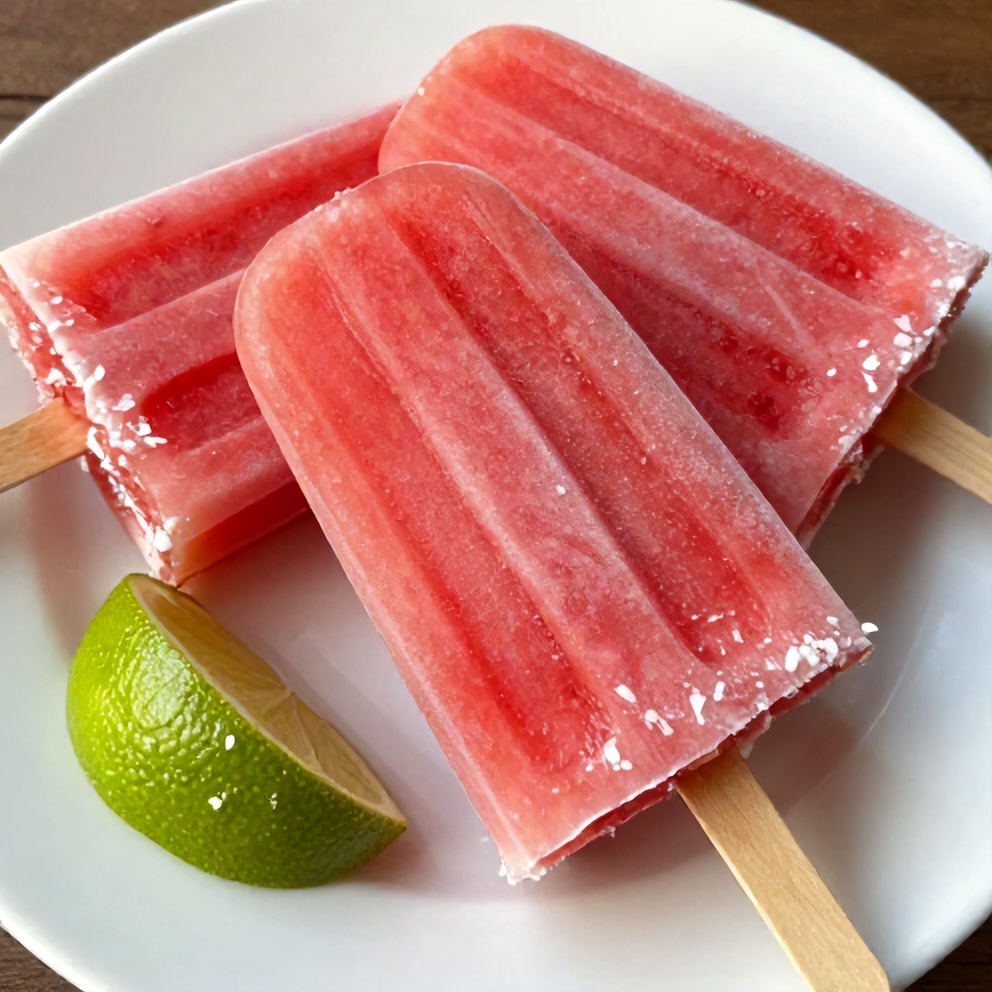 Watermelon Coconut Popsicles on a plate with a lime wedge