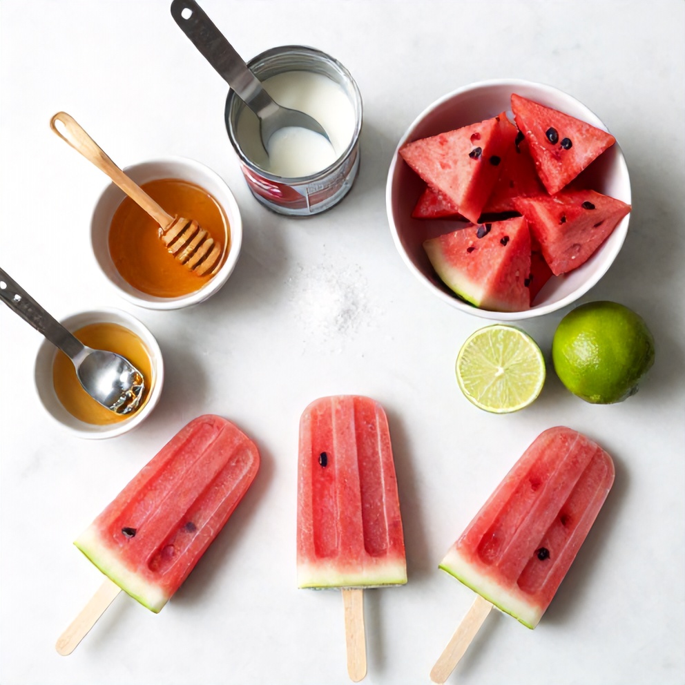 Ingredients for Watermelon Coconut Popsicles on a marble surface