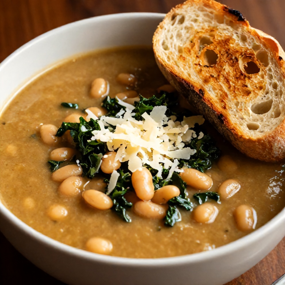 Bowl of White Bean and Kale Soup with a slice of garlic bread