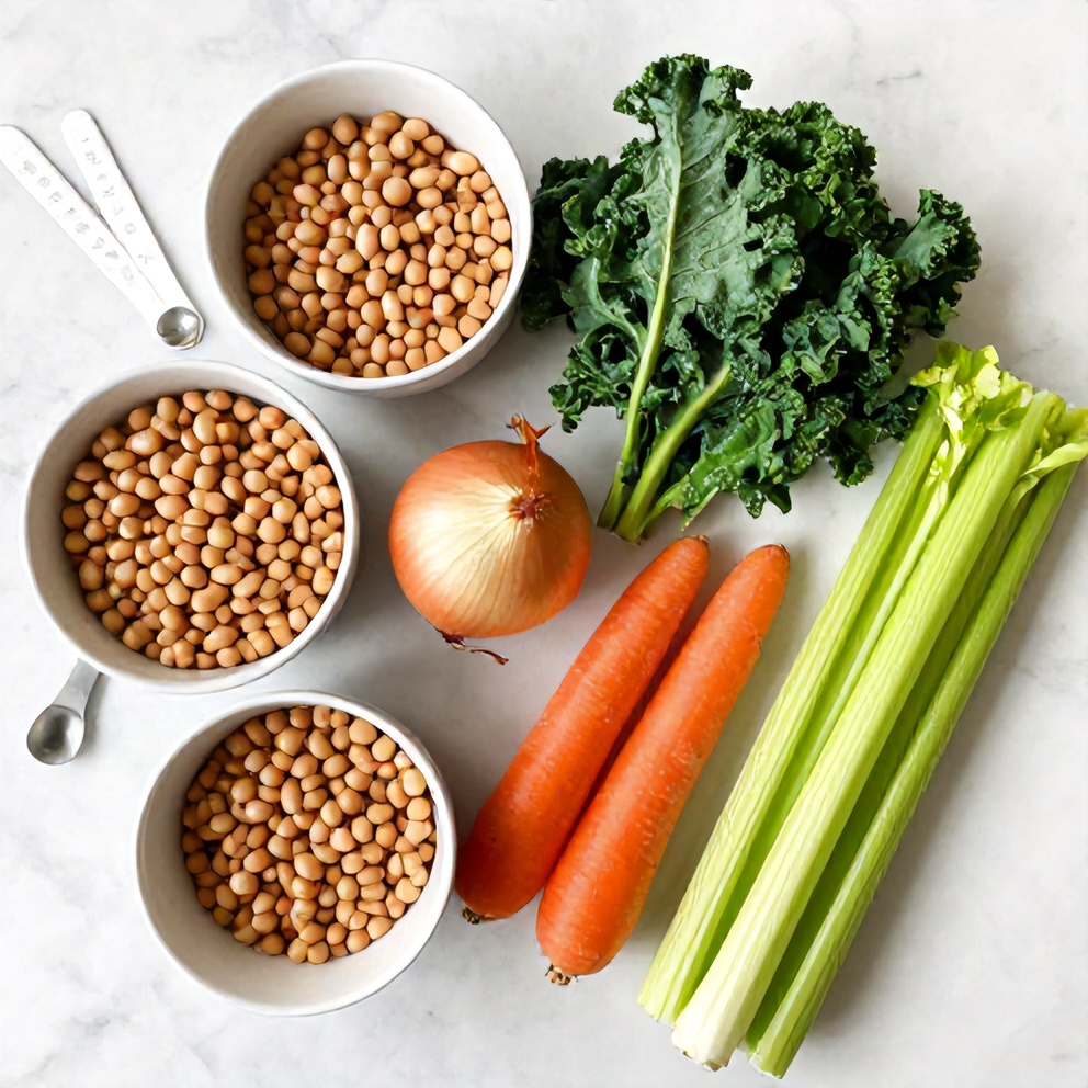Ingredients for White Bean and Kale Soup on a marble surface