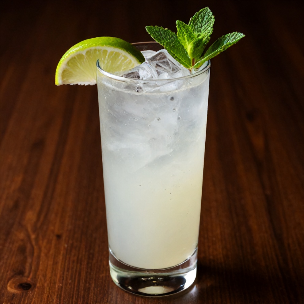 A beautifully presented White Christmas Mojito in a tall glass with a lime wheel and mint sprig garnish