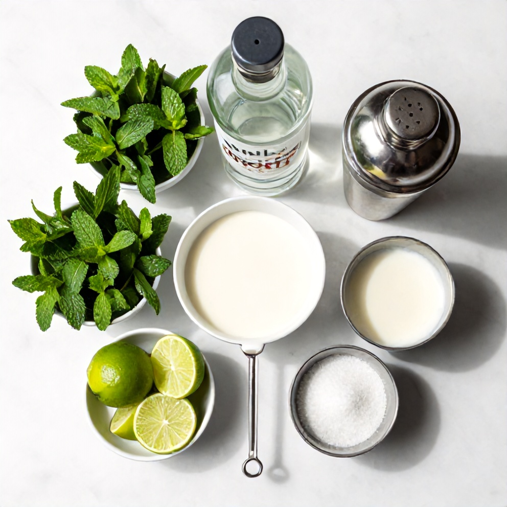 Raw ingredients for White Christmas Mojito including rum, coconut cream, fresh mint, lime, and white sugar
