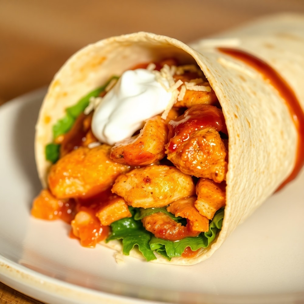 Close-up of a BBQ chicken wrap on a plate