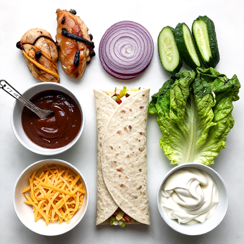 BBQ chicken wrap ingredients on a marble surface