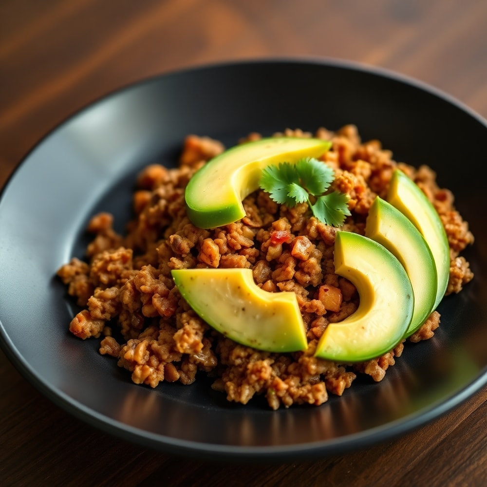 Plated ground turkey taco skillet with avocado slices and fresh cilantro