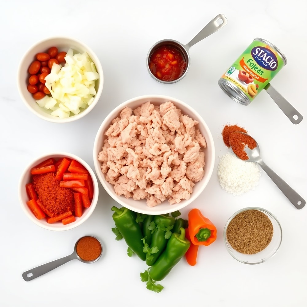 Raw ingredients for ground turkey taco skillet including ground turkey, bell peppers, onion, canned tomatoes, and taco seasoning