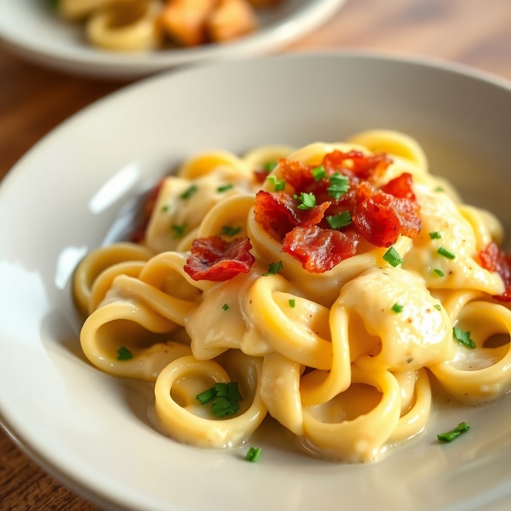 Plated serving of creamy tortellini carbonara