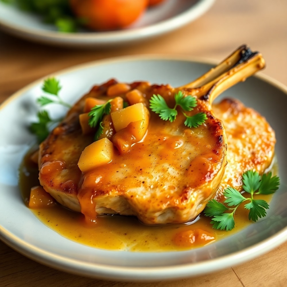 Plated Air Fryer Pork Chops with apple chutney