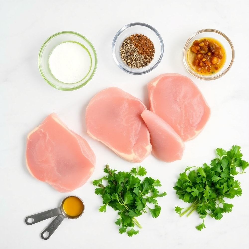 Raw ingredients for Air Fryer Pork Chops laid out on a marble surface