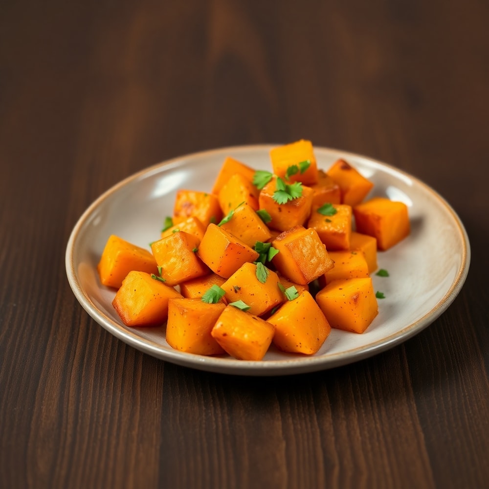 Plated Air Fryer Sweet Potato Cubes with chopped parsley