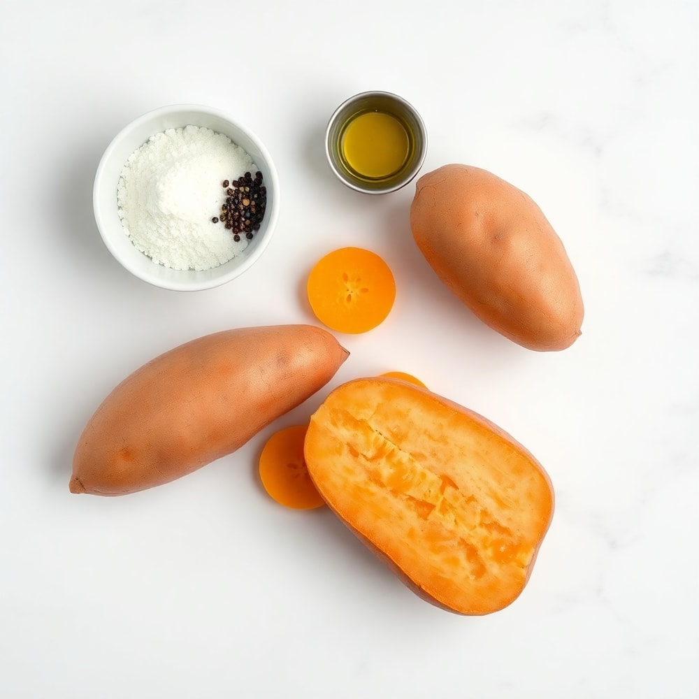 Raw sweet potatoes, salt, pepper, and olive oil arranged on a white marble surface
