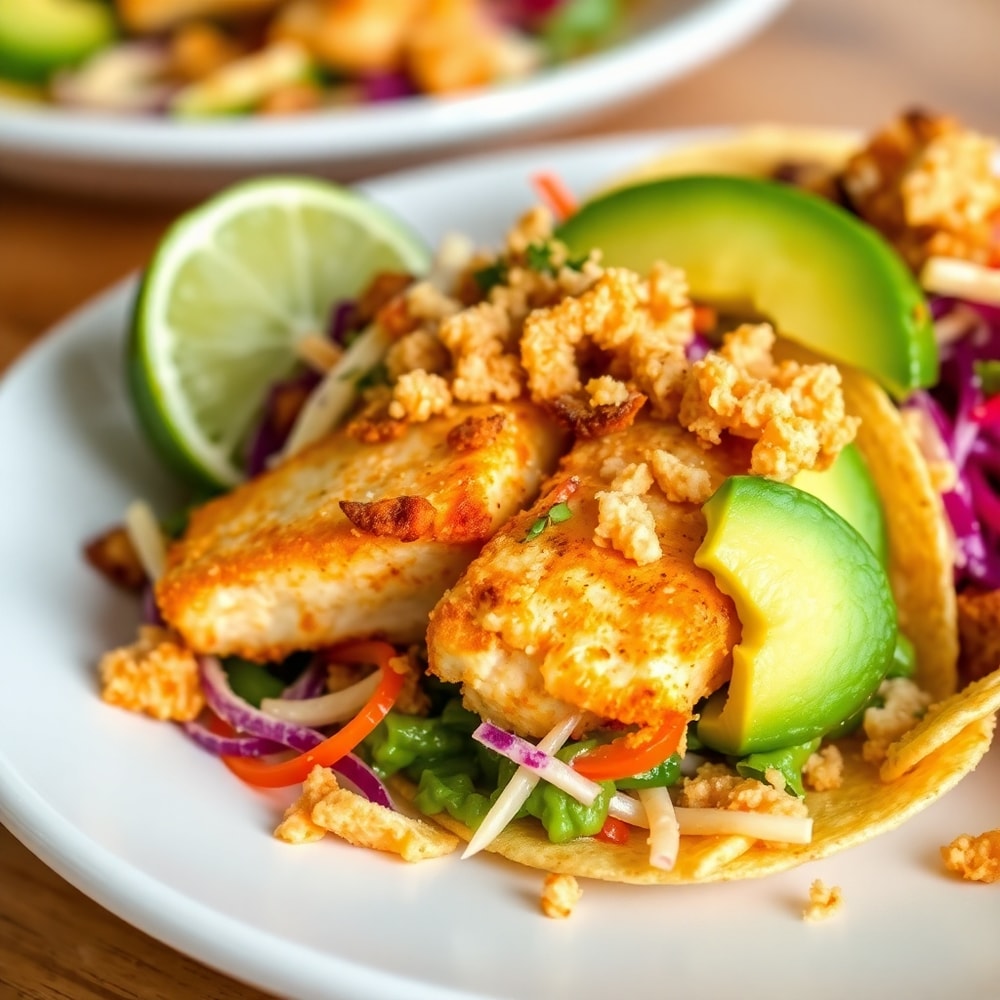 Finished Baja Fish Taco Bowls plated with crispy fish, creamy avocado, and colorful slaw