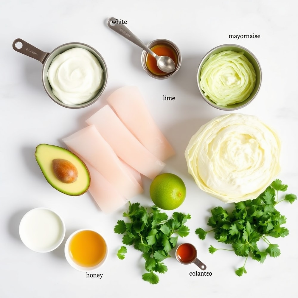 Raw ingredients for Baja Fish Taco Bowls including fish fillets, avocado, and cabbage