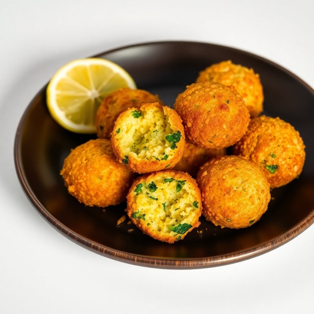 Plated serving of crispy baked broccoli cheese balls with a lemon wedge