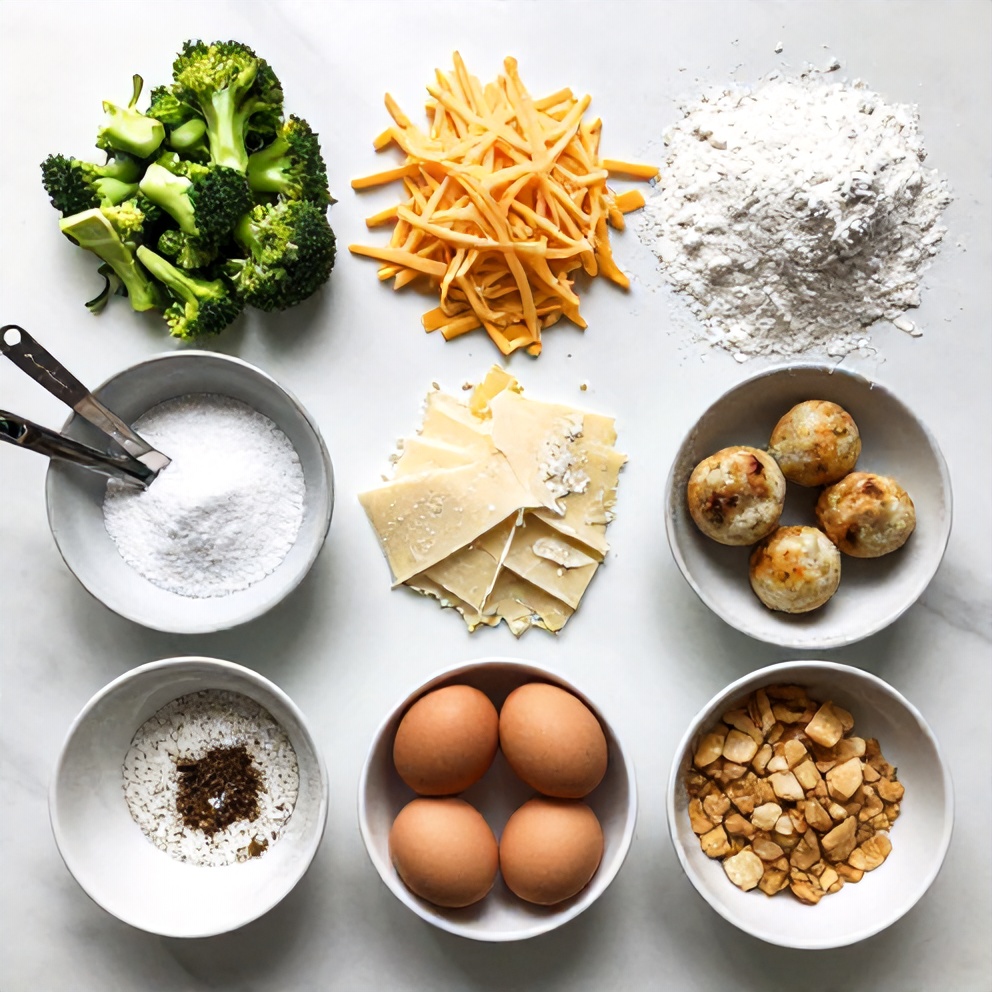 Raw ingredients for baked broccoli cheese balls on a white marble surface