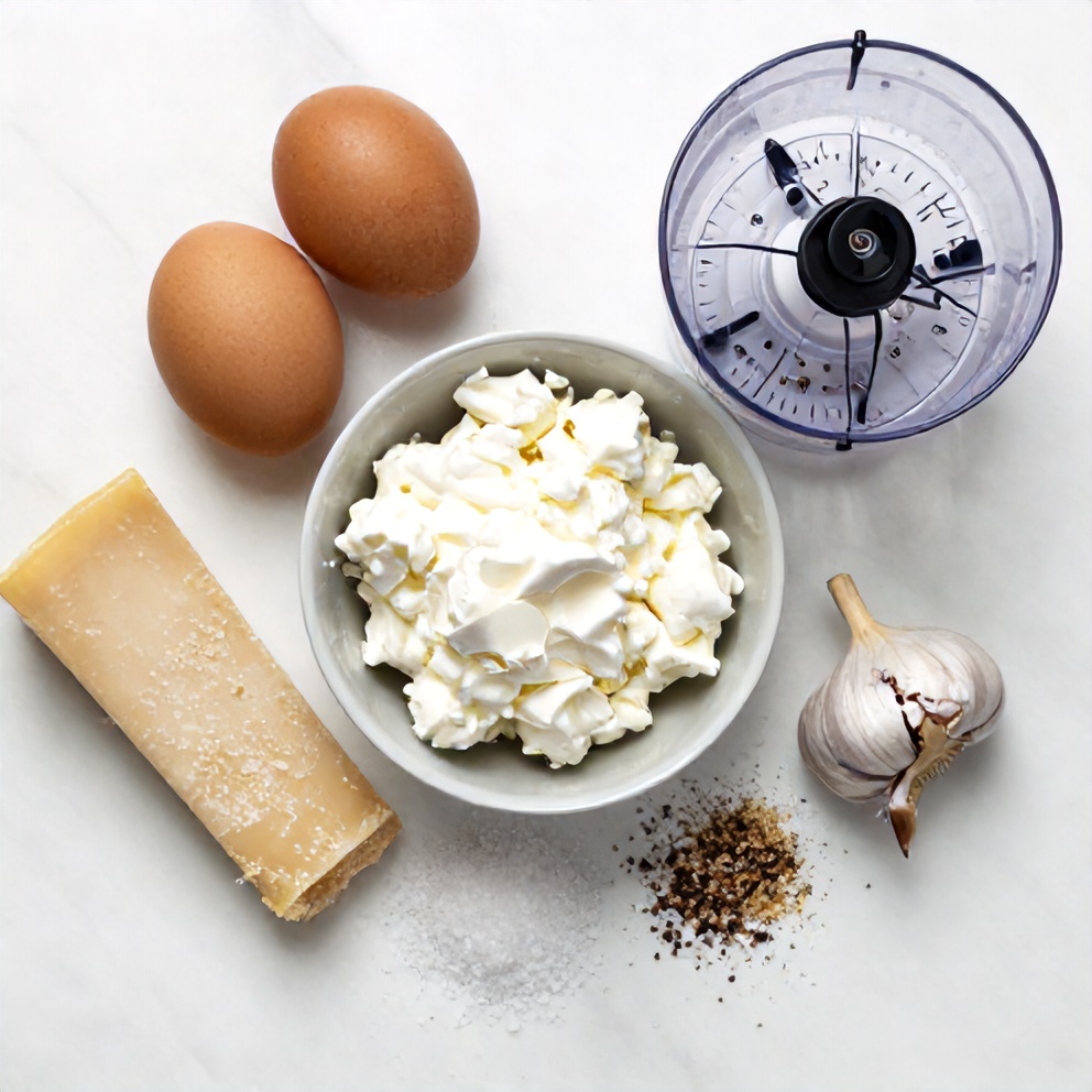 Raw ingredients for baked cottage cheese eggs on a marble surface