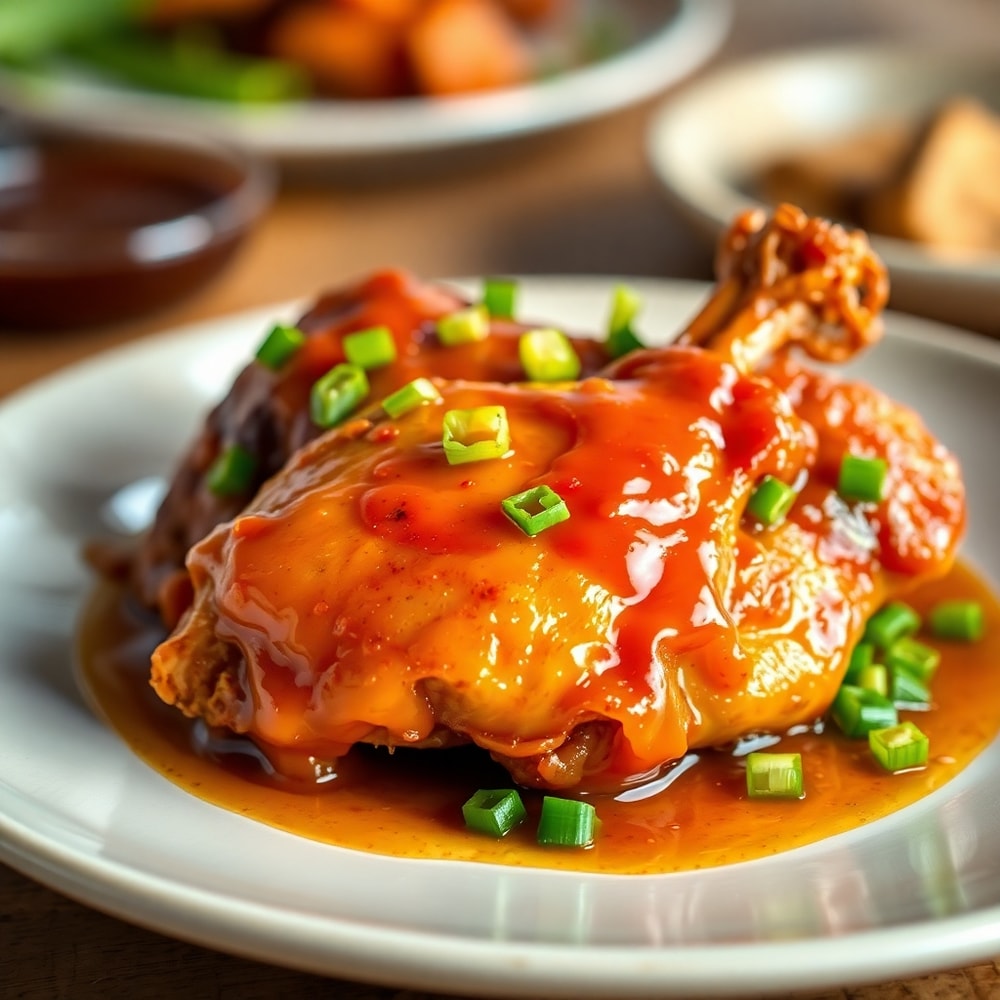 Plated Baked Hot Honey Chicken with green onions