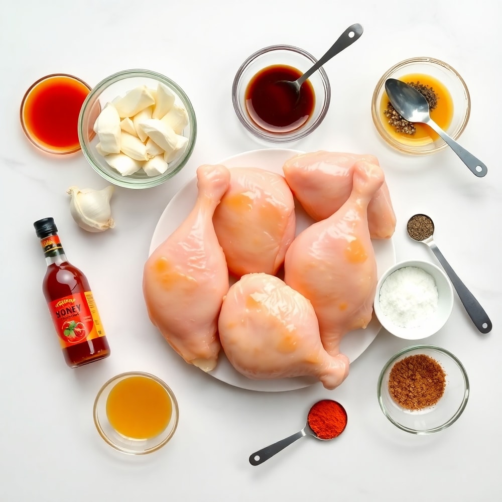 Raw ingredients for Baked Hot Honey Chicken on a white marble surface