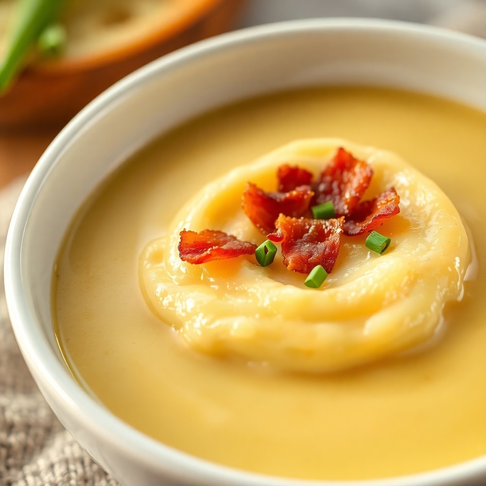 Baked Potato Soup served in a bowl with crispy bacon and chives