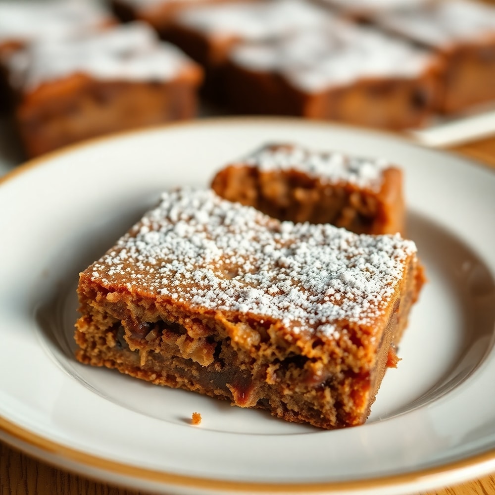 Plated banana bread brownies with a dusting of powdered sugar