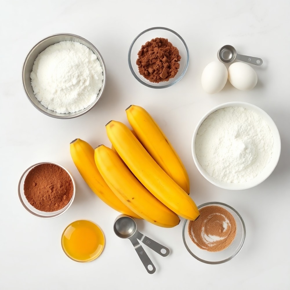 Banana, flour, sugar, eggs, and other ingredients for banana bread brownies