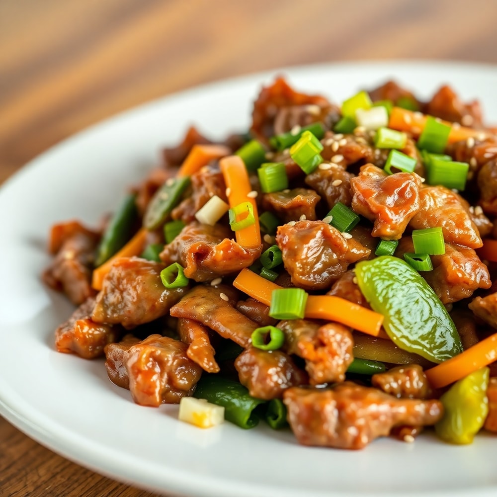 Plated serving of beef stir fry with steamed rice
