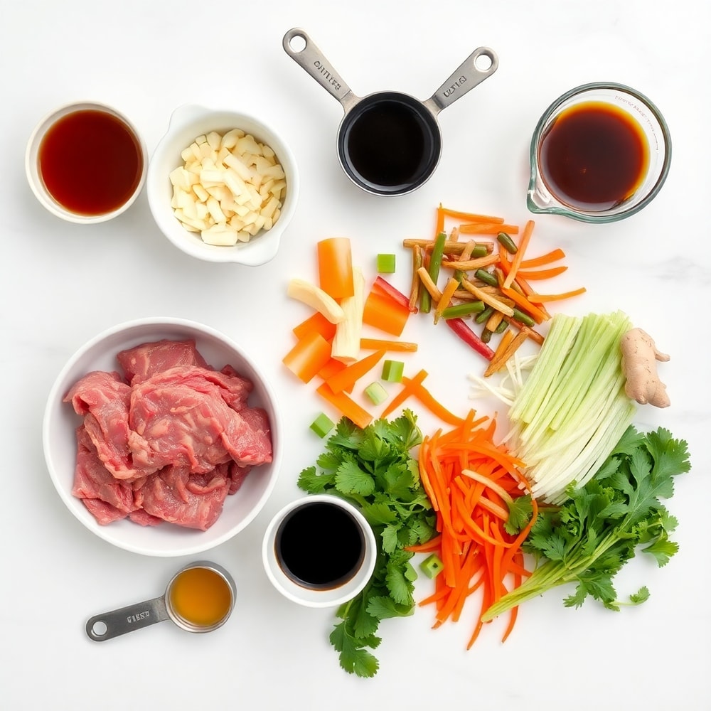 Raw ingredients for beef stir fry arranged in a flat lay
