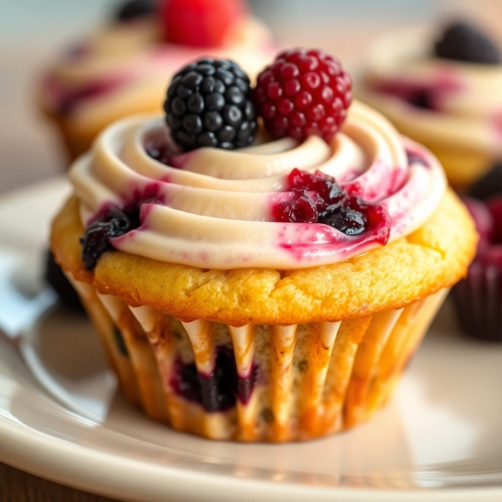 A close-up of a berry cream cheese muffin with a creamy swirl and fresh berries on top