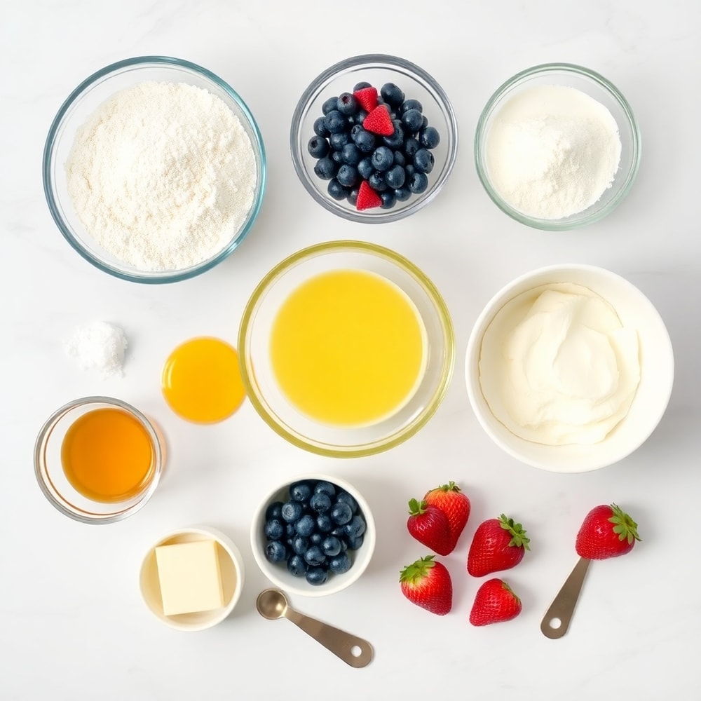 Raw ingredients for berry cream cheese muffins including flour, sugar, eggs, and fresh berries