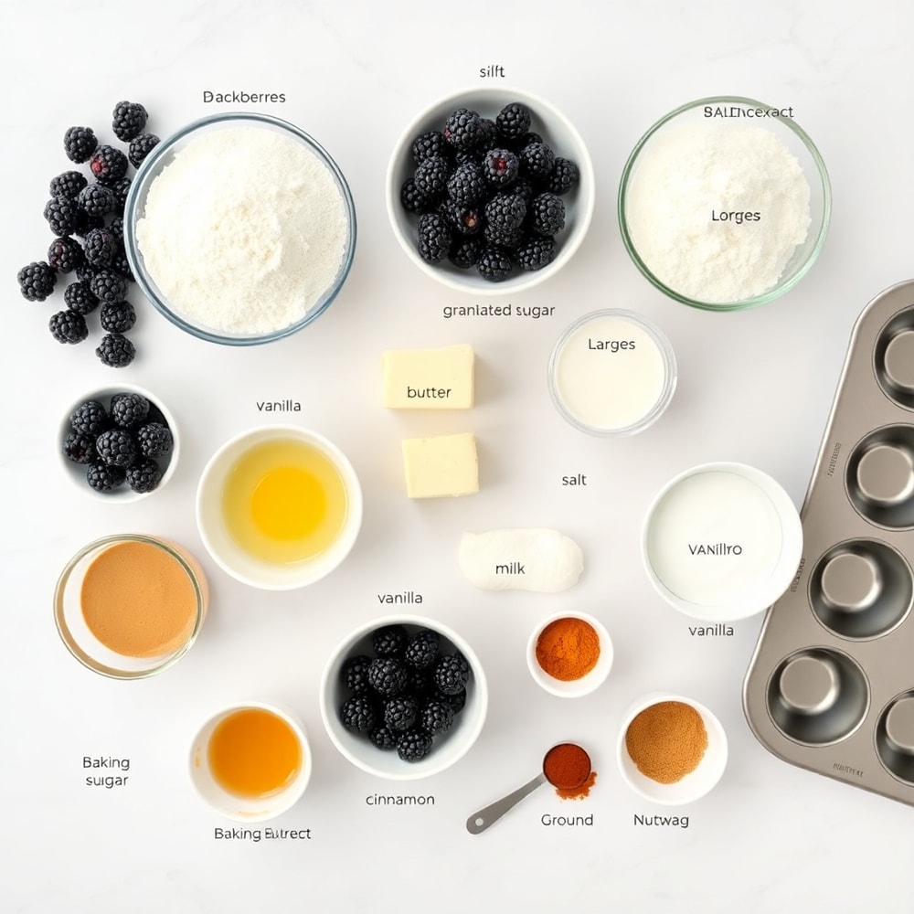 Blackberries, flour, sugar, butter, eggs, milk, baking powder, salt, vanilla extract, and muffin tin