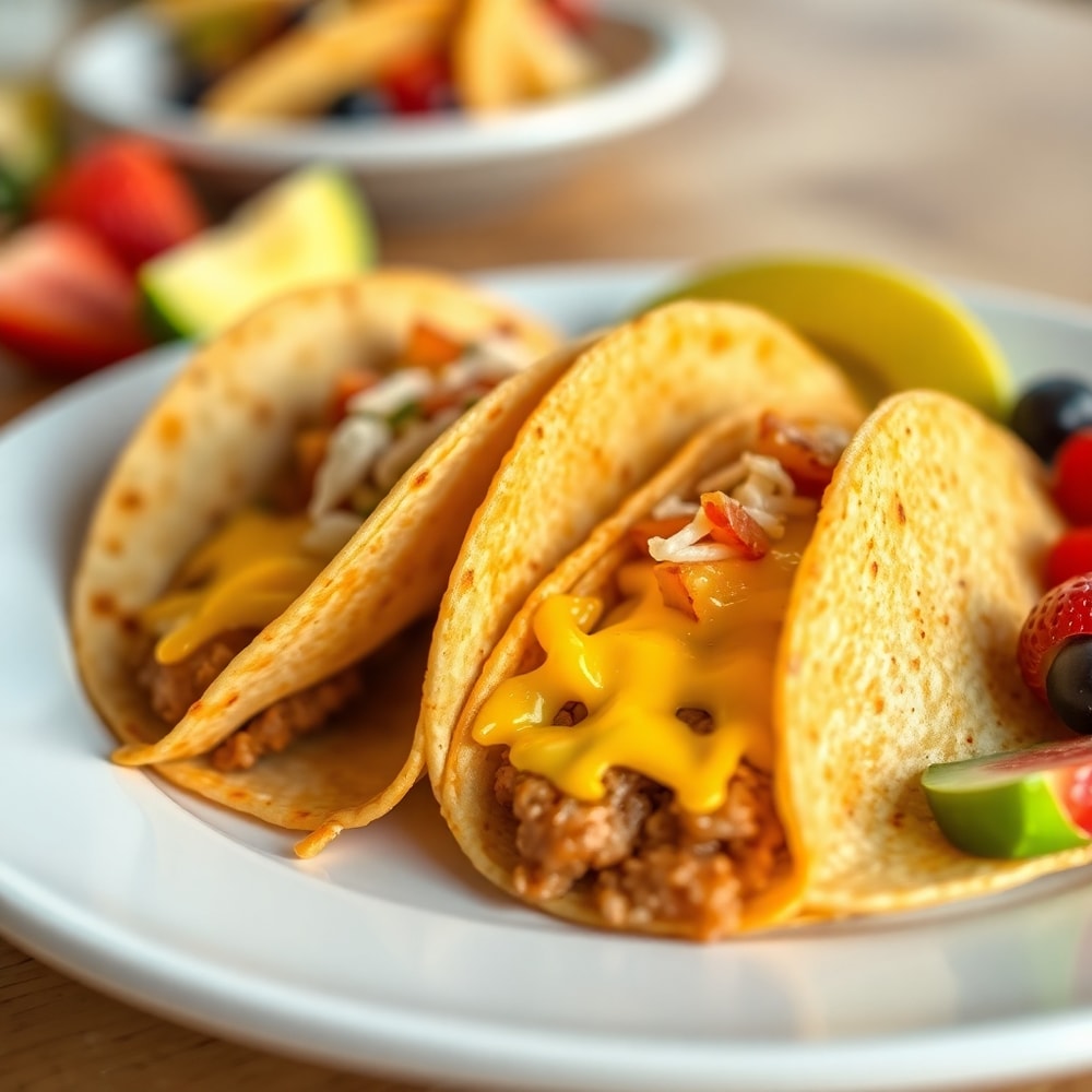 Plated breakfast tacos with a side of fruit