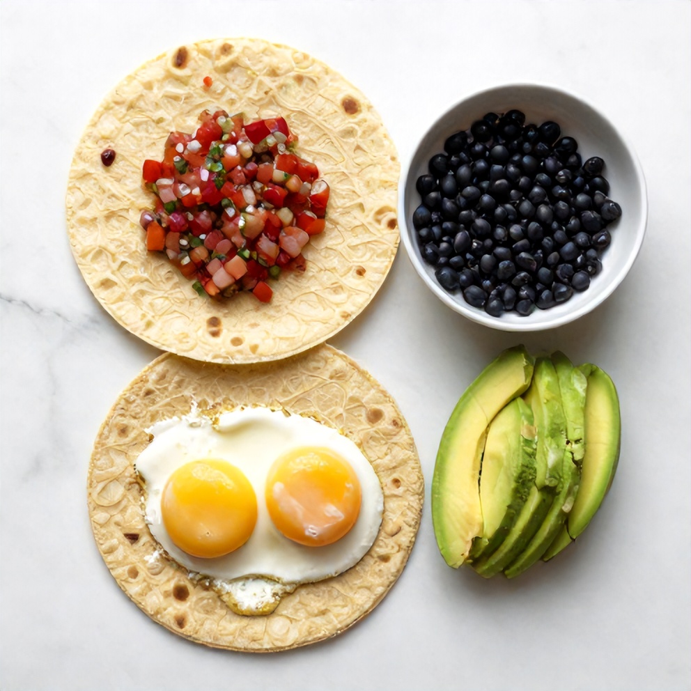 Breakfast tacos ingredients including eggs, tortillas, avocado, and salsa