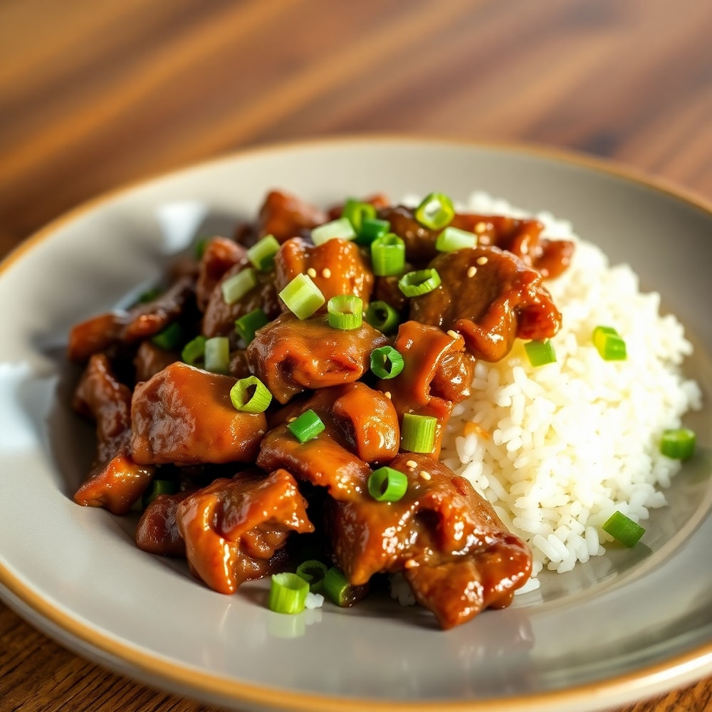 Plated Mongolian Beef with steamed rice