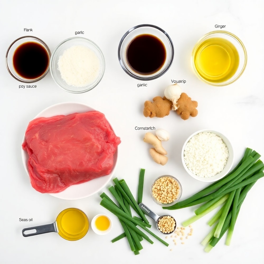 Raw ingredients for Mongolian Beef: beef, ginger, garlic, soy sauce, brown sugar, cornstarch