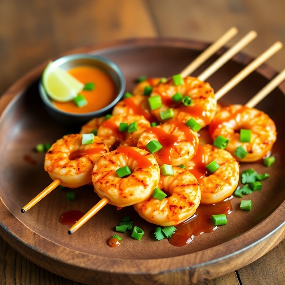 Plated Sweet Chili Grilled Bang Bang Shrimp Skewers on rustic plate