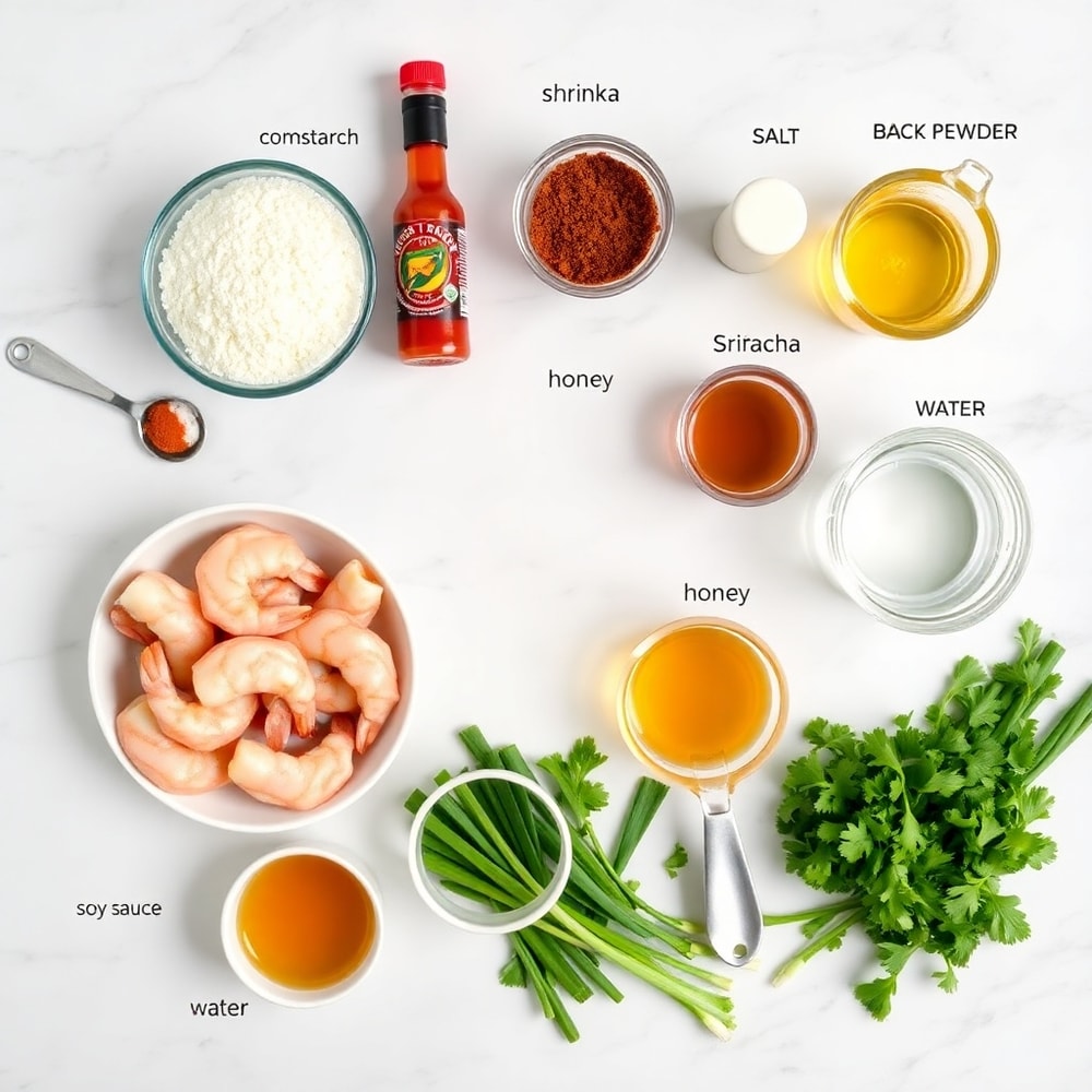 Raw ingredients for Sweet Chili Grilled Bang Bang Shrimp Skewers on marble counter