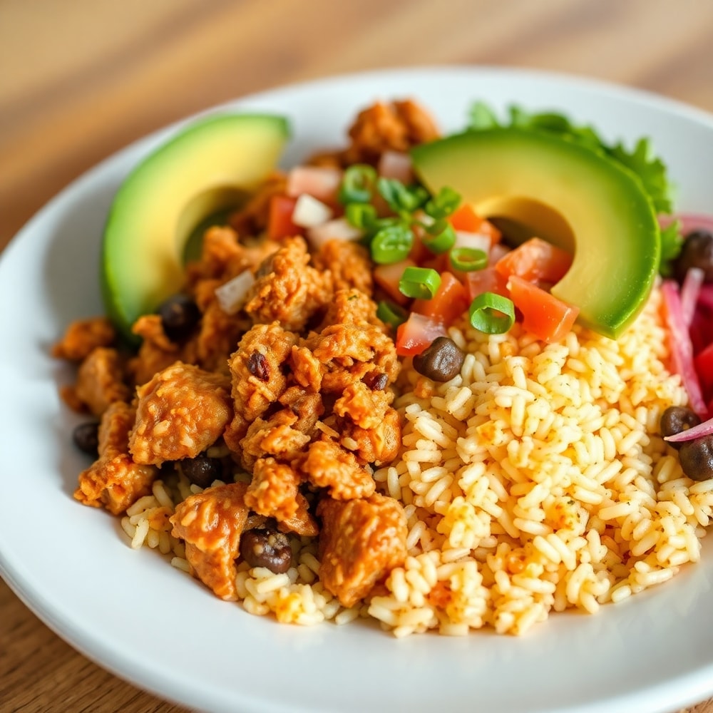 Taco Rice Bowl plated with crispy taco meat, fluffy rice, creamy avocado, and fresh toppings
